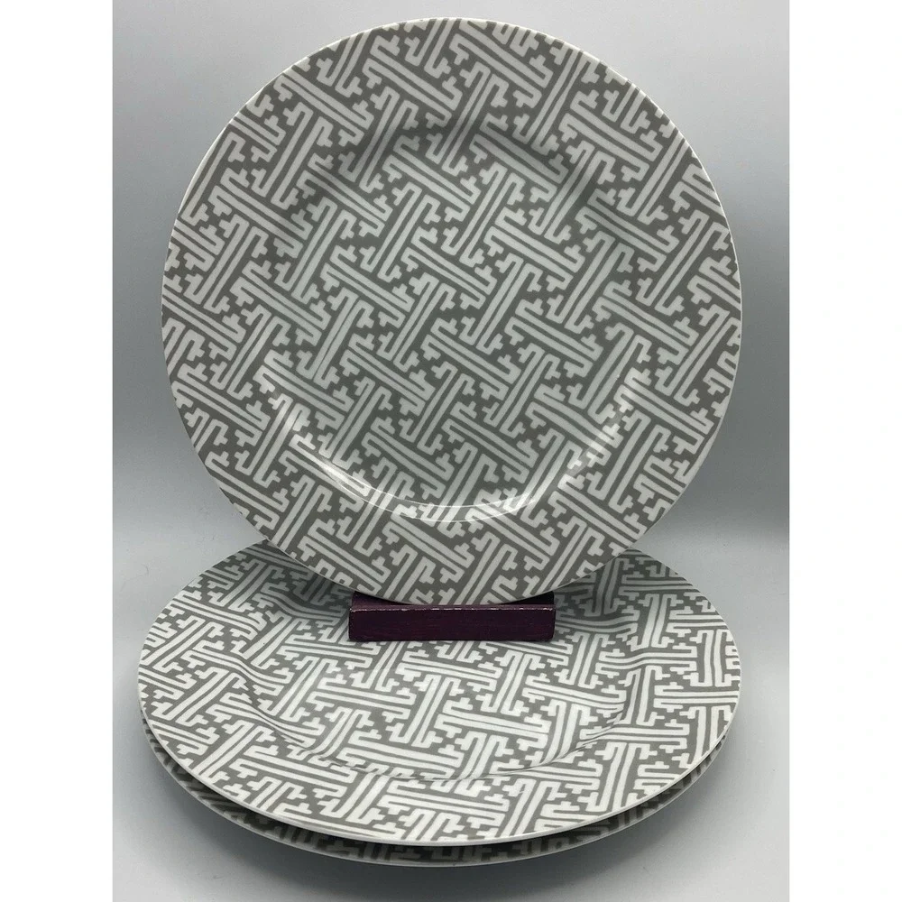 Fitz &‎ Floyd Oriental Geometric Gray Dinner Plates Set of Three